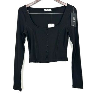 Na-Kd Corset Detail Ribbed Top Women’s Size S Buttons Long Sleeves Square Neck